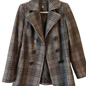 New York & Company Gray Plaid Double-Breasted Pea Coat